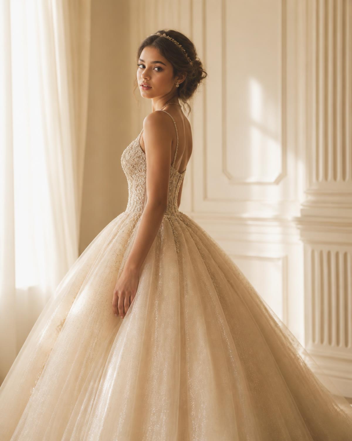 Quinceañera con vestido de gala y peinado recogido